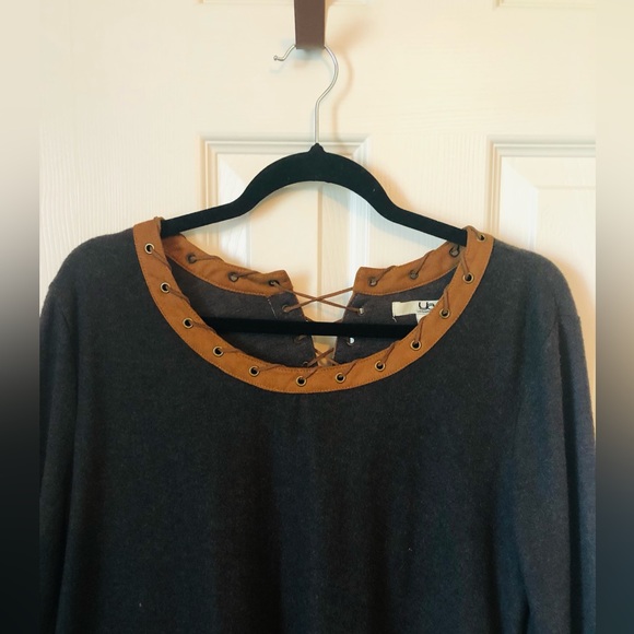 Ya Los Angeles Size Large Gray and Brown Suede Trim Straight Pull Over Dress - Picture 2 of 8